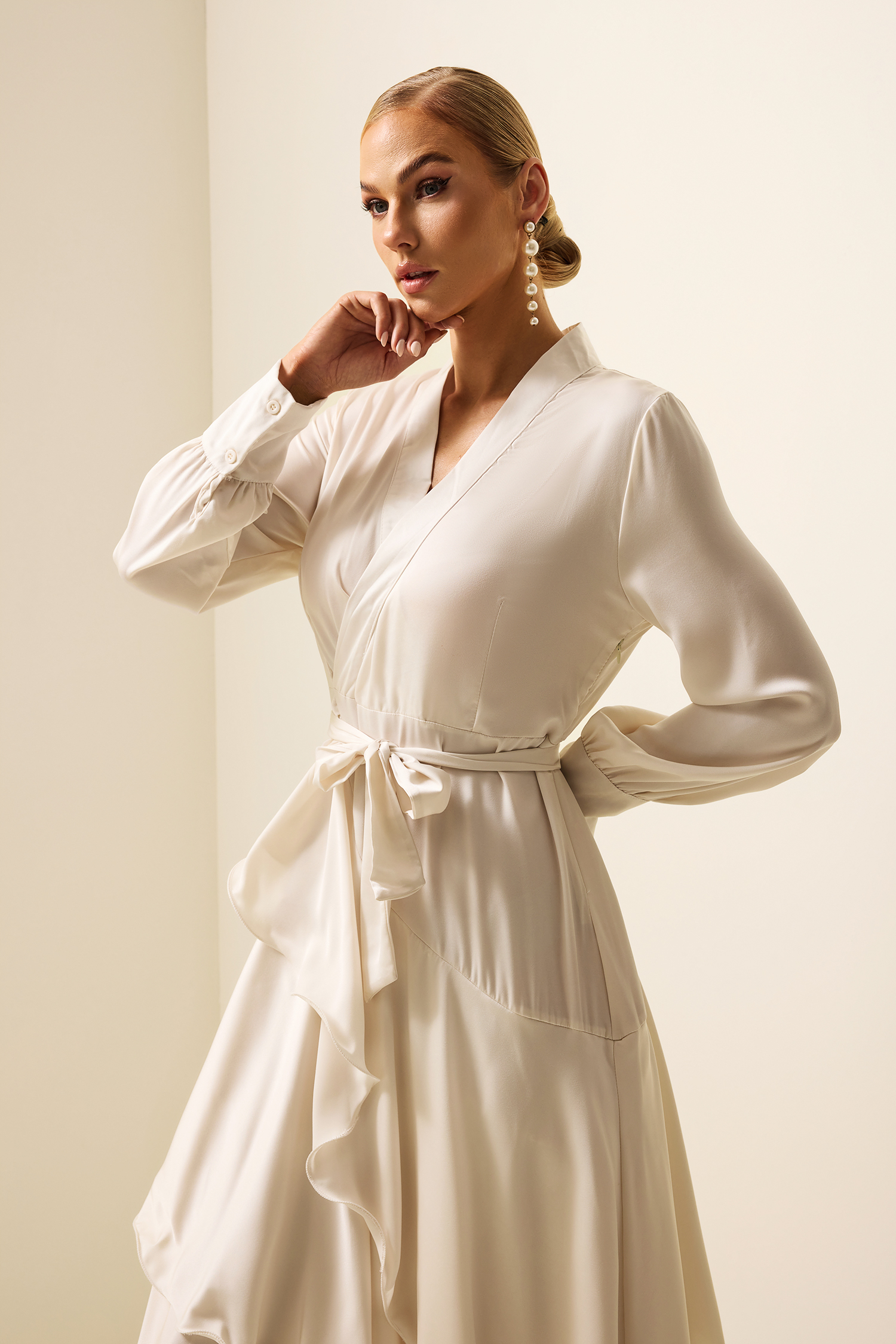 Satin Ruffle Lantern Sleeve Midi Dress