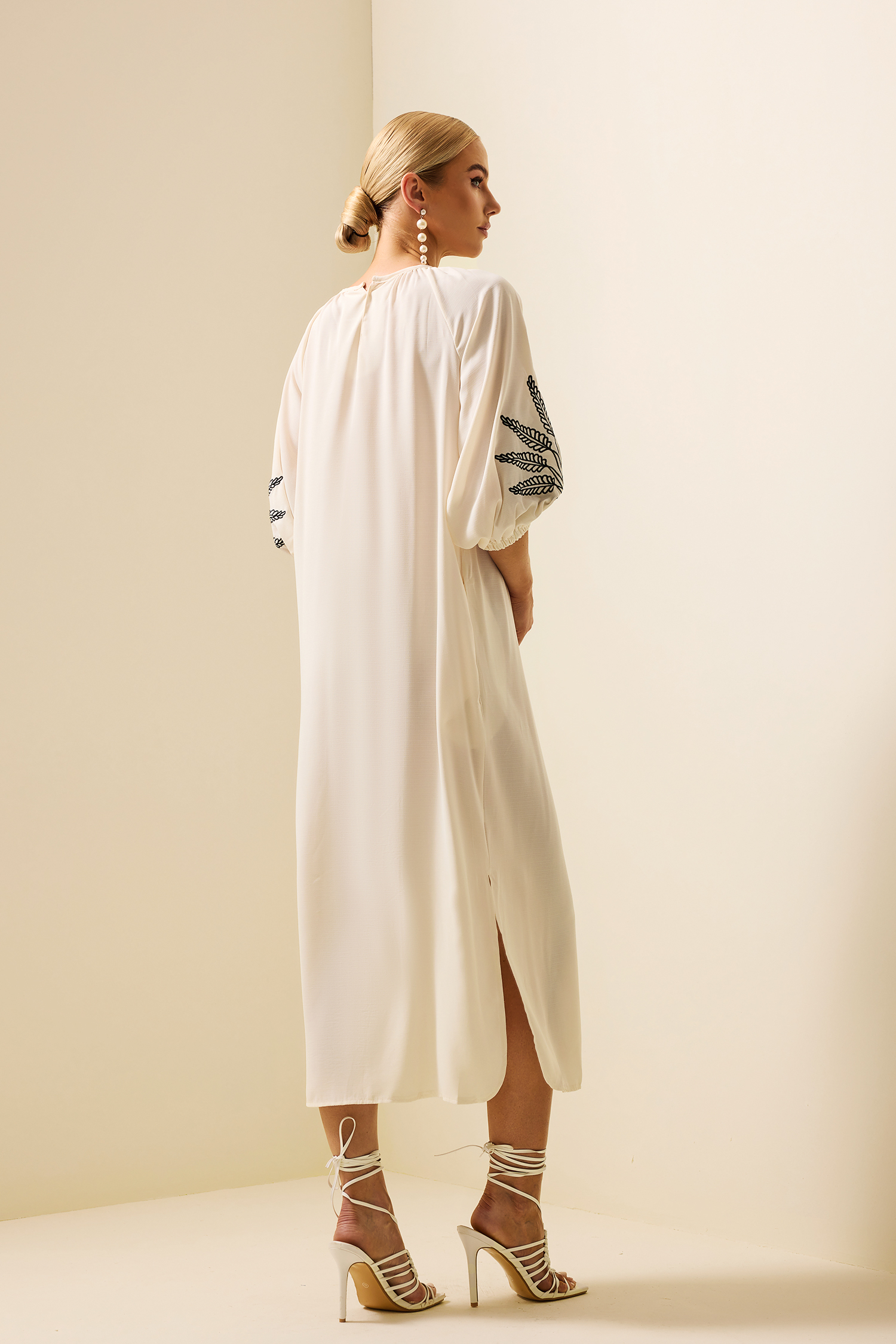 Embroidered Puff Sleeve Midi Dress