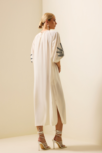 Embroidered Puff Sleeve Midi Dress