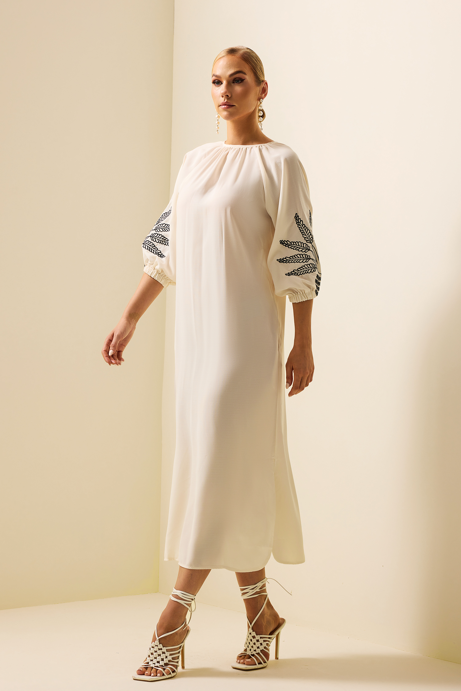 Embroidered Puff Sleeve Midi Dress