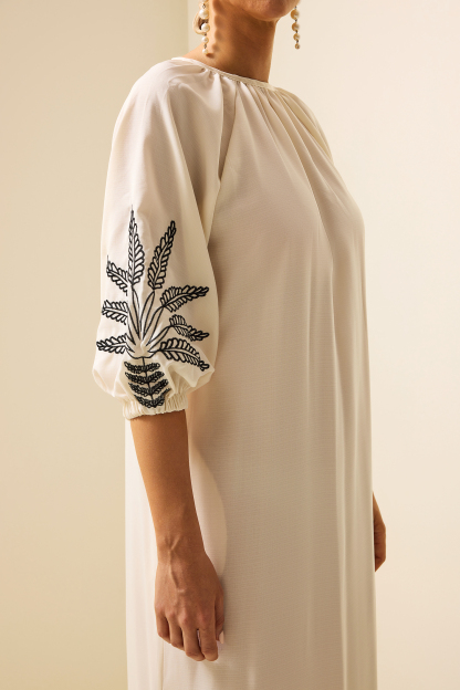 Embroidered Puff Sleeve Midi Dress