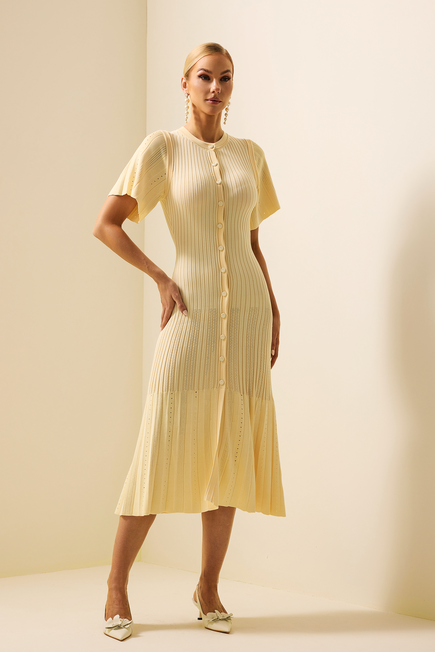 Jersey Button Splicing Midi Dress Yellow