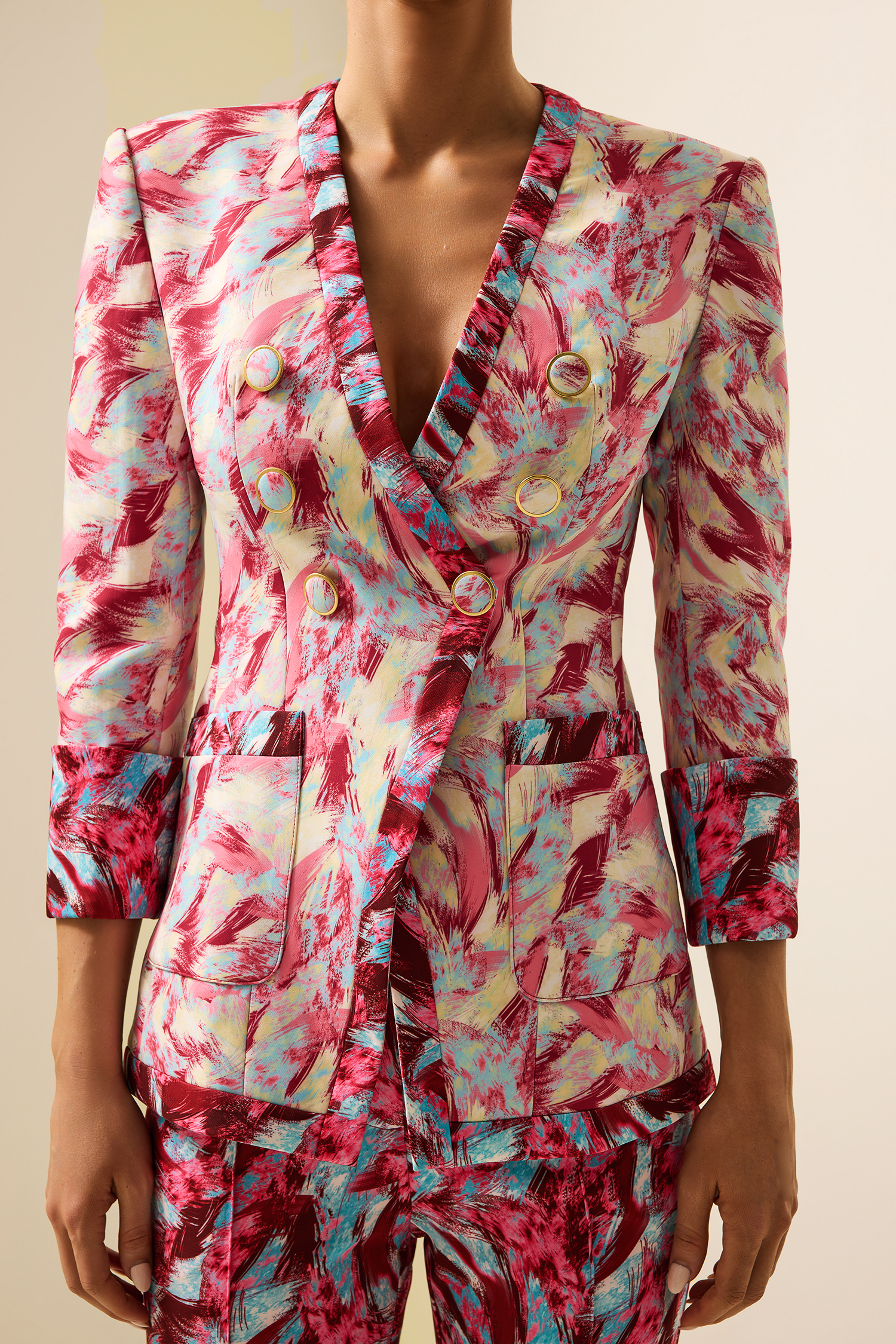 Feather Print V-Neck Long Sleeve Blazer