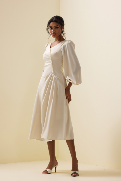 Faux Pearl Long Sleeve Midi Dress