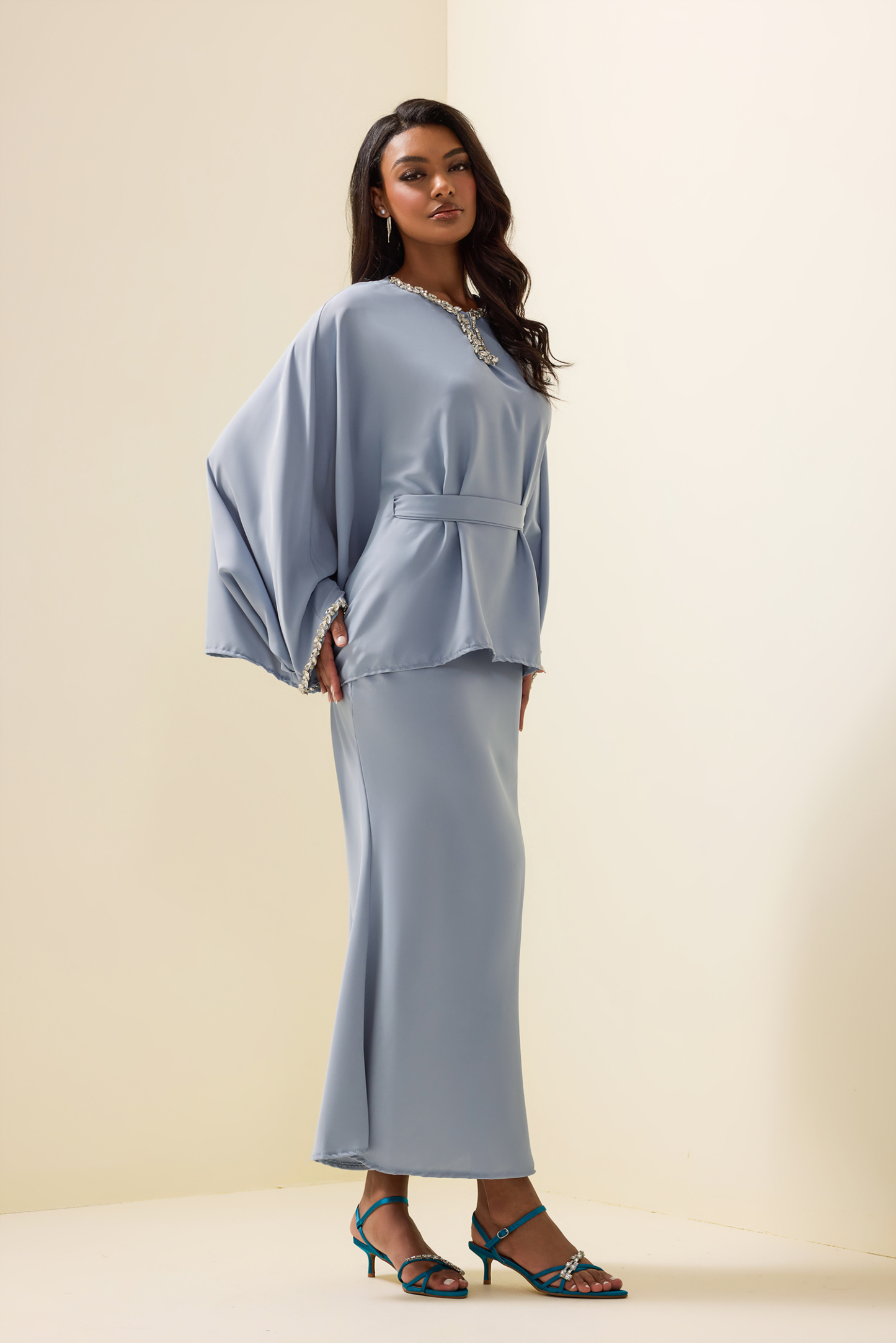 Rhinestone Solid Top & High Waist Solid Midi Skirt Set