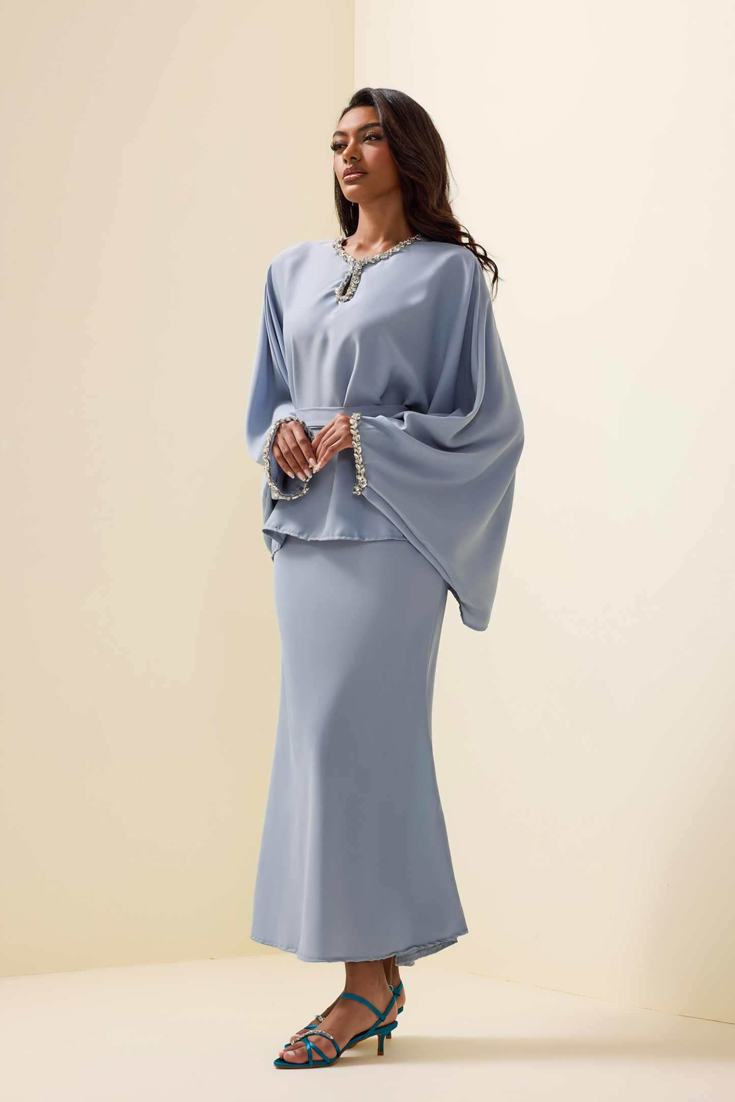 Rhinestone Solid Top & High Waist Solid Midi Skirt Set