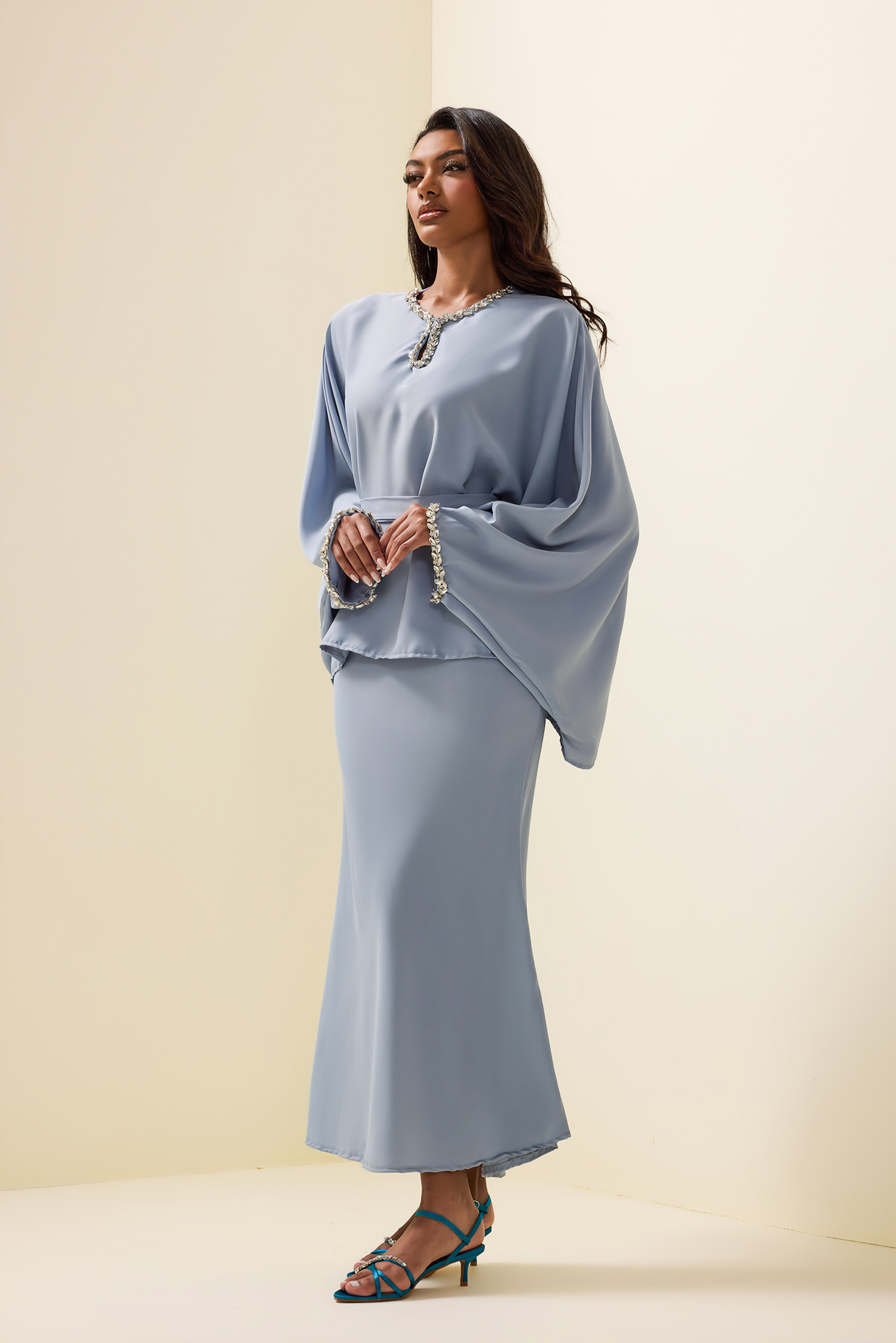Rhinestone Solid Top & High Waist Solid Midi Skirt Set