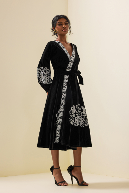 Velvet Embroidered Metal Button Midi Wrap Dress