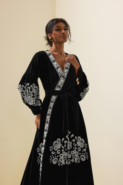 Velvet Embroidered Metal Button Midi Wrap Dress