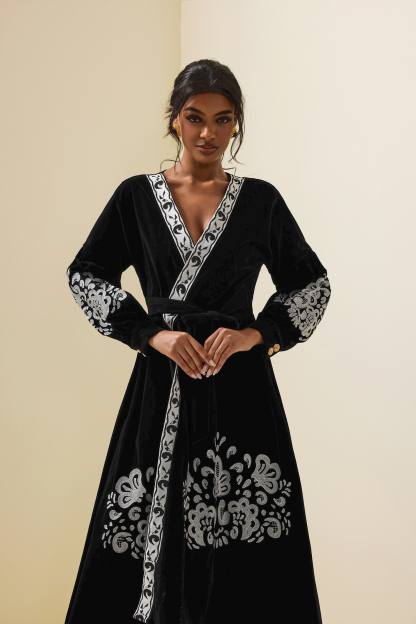 Velvet Embroidered Metal Button Midi Wrap Dress