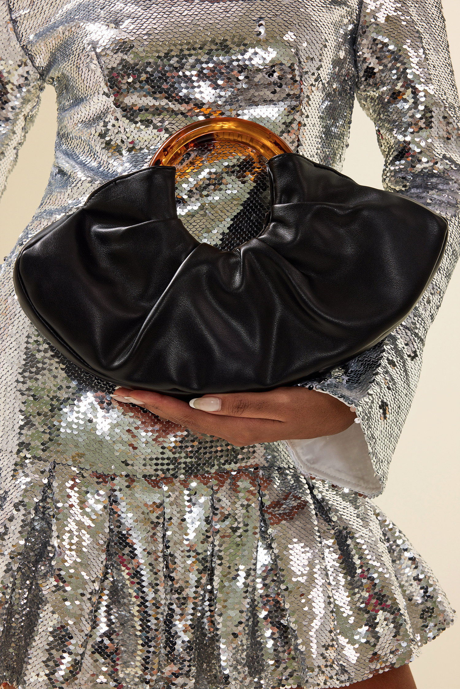 Pu Leather Acrylic Handle Ruched Bag