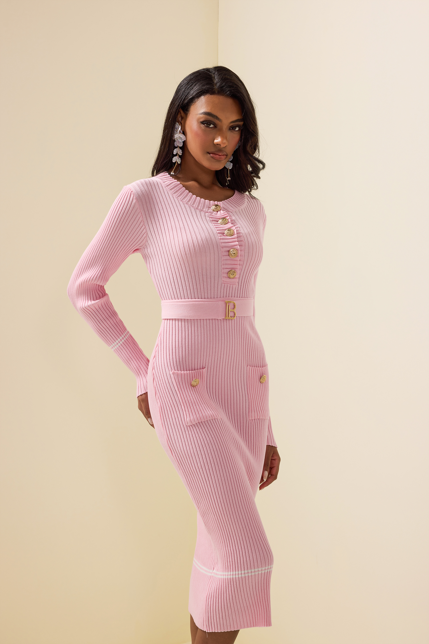 Metal Button Jersey Long Sleeve Midi Dress Pink