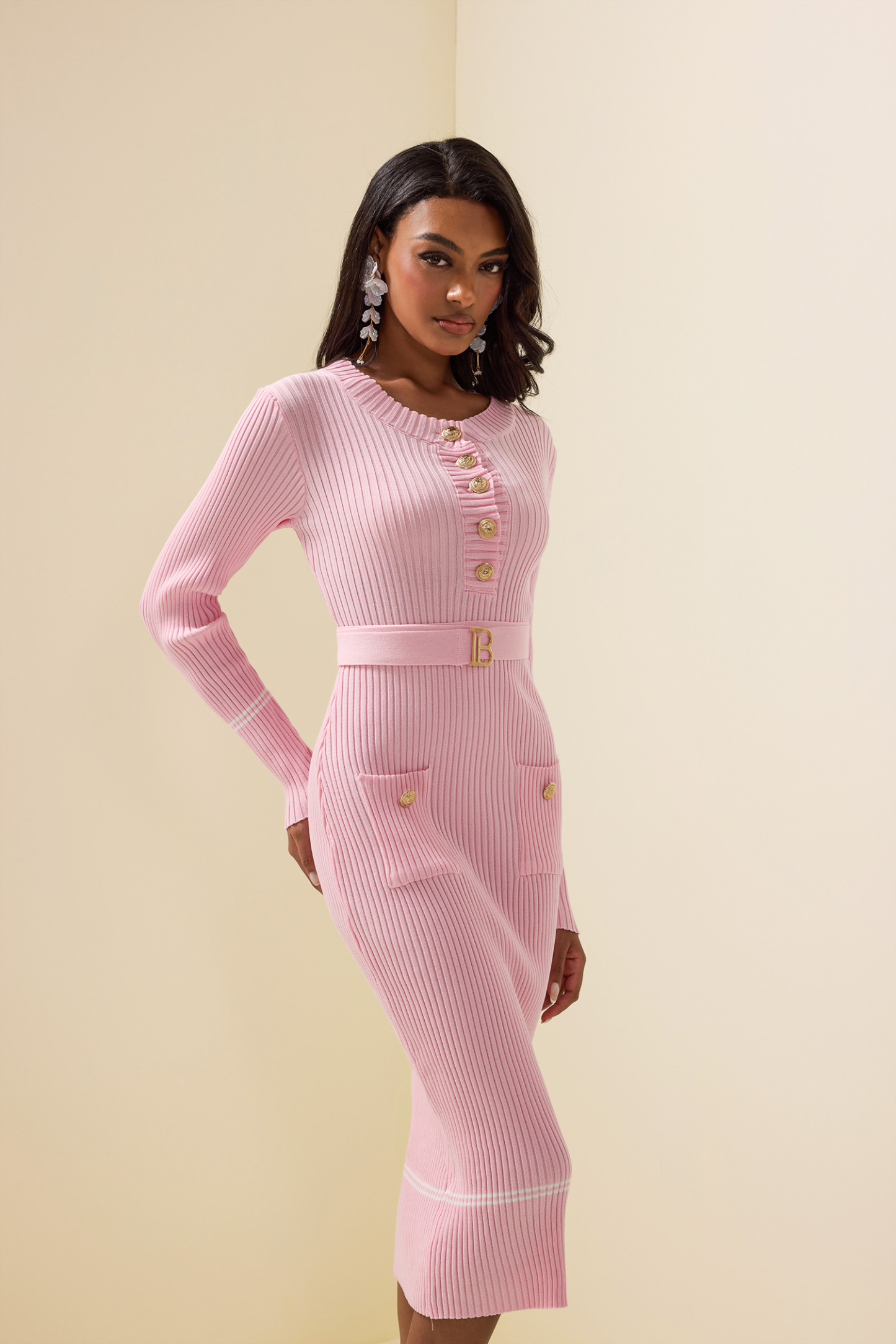 Metal Button Jersey Long Sleeve Midi Dress Pink