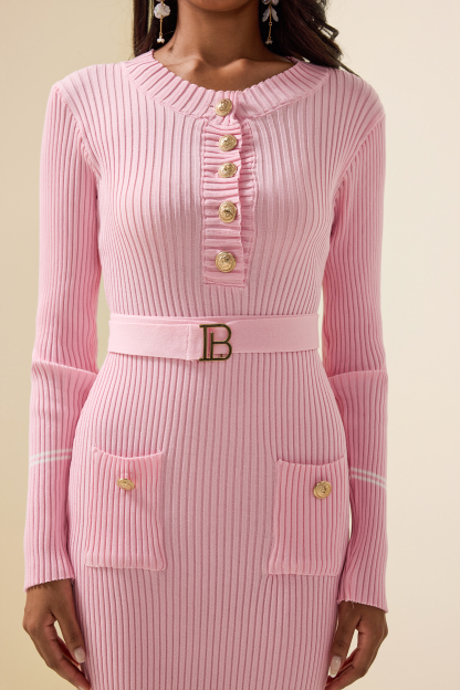 Metal Button Jersey Long Sleeve Midi Dress Pink