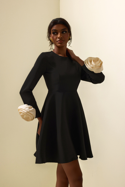 3D Flower Round Neck Long Sleeve Mini Dress