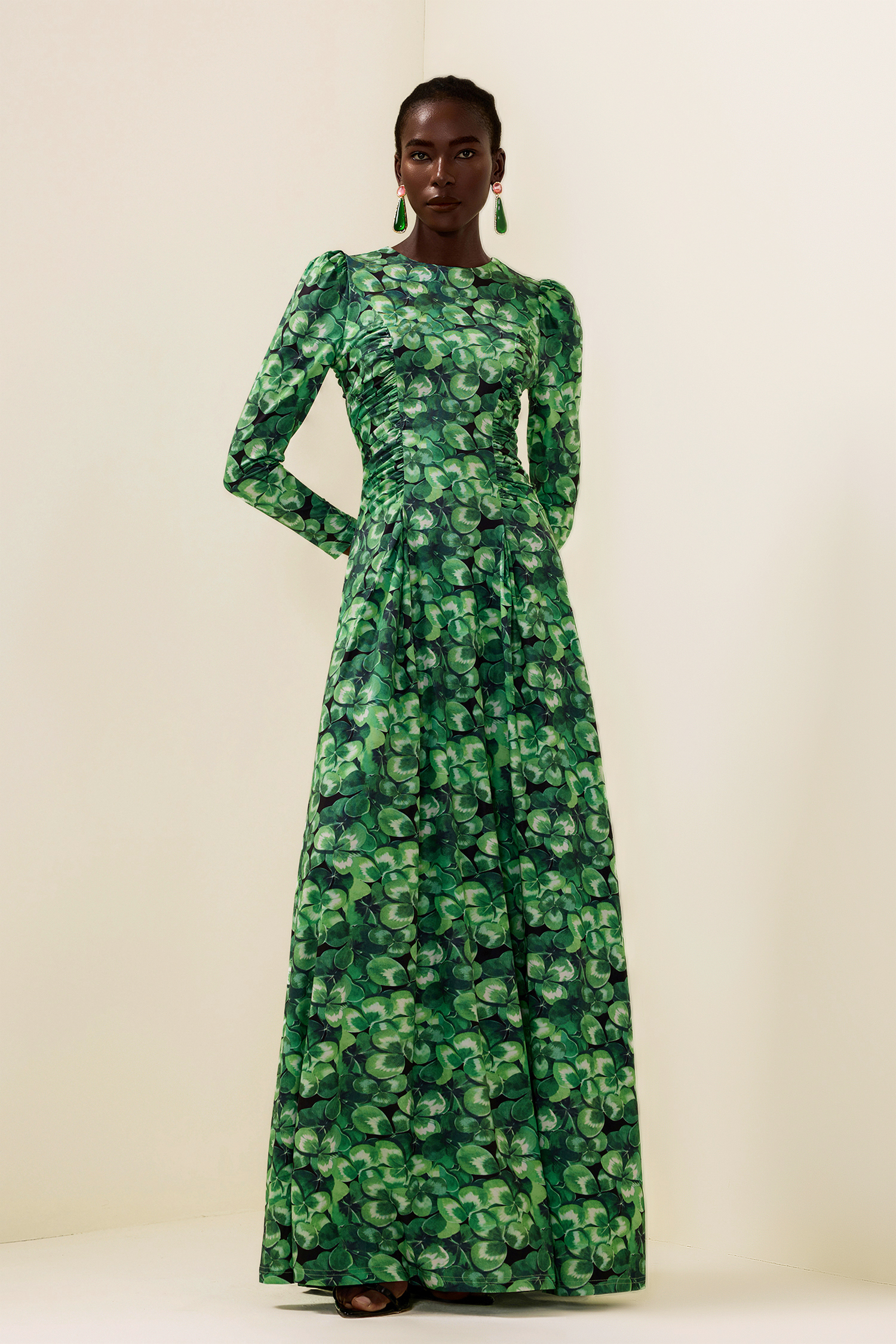 Botanical Print Long Sleeve Round Neck Maxi Dress