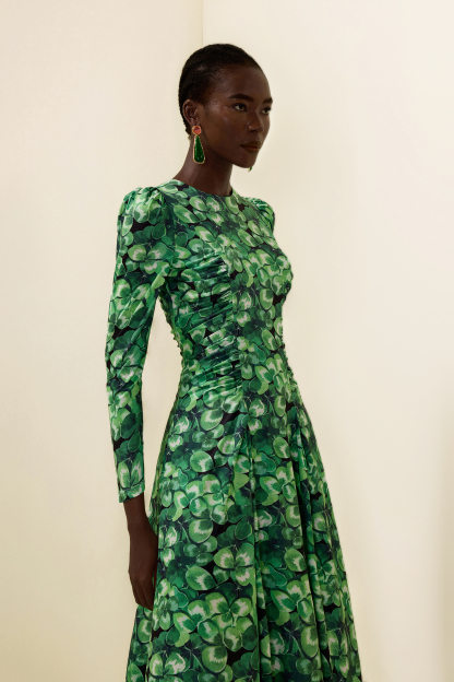 Botanical Print Long Sleeve Round Neck Maxi Dress