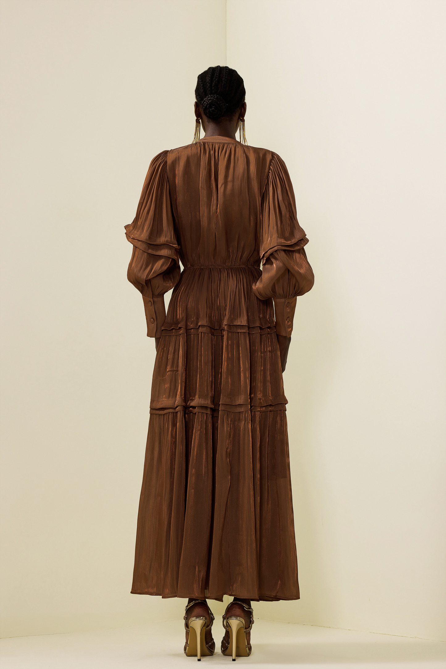 Pleat Lantern Sleeve V-Neck Midi Dress