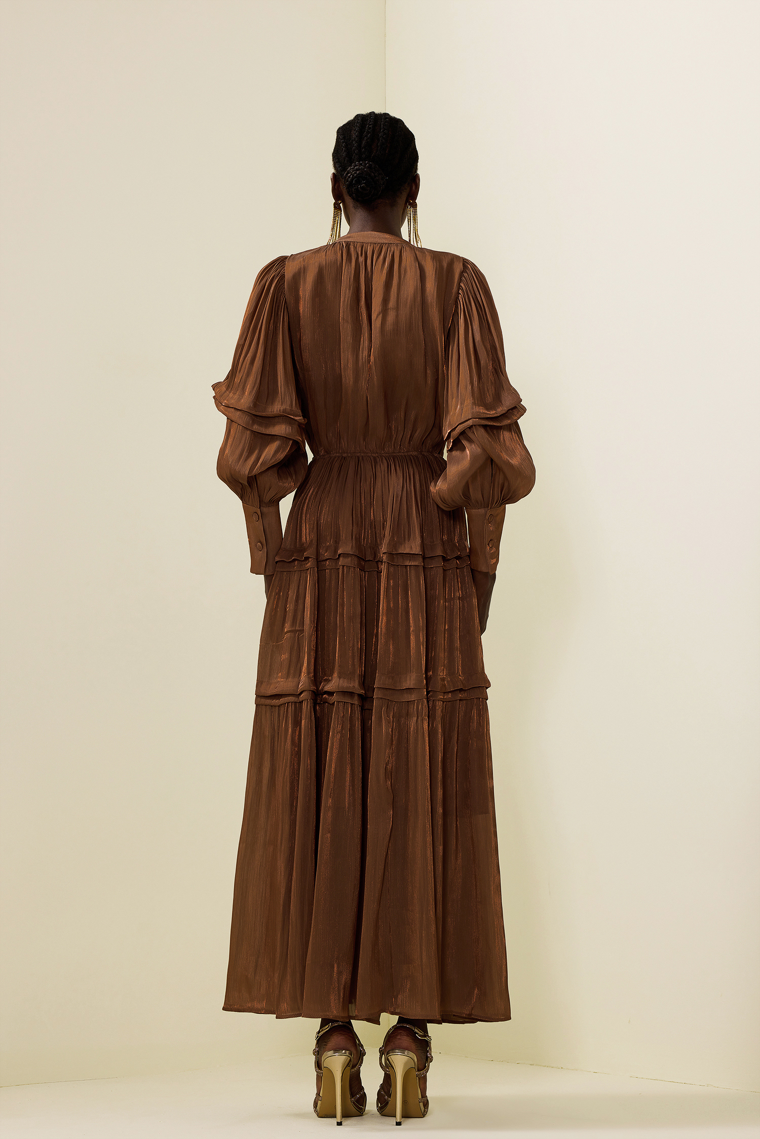 Pleat Lantern Sleeve V-Neck Midi Dress