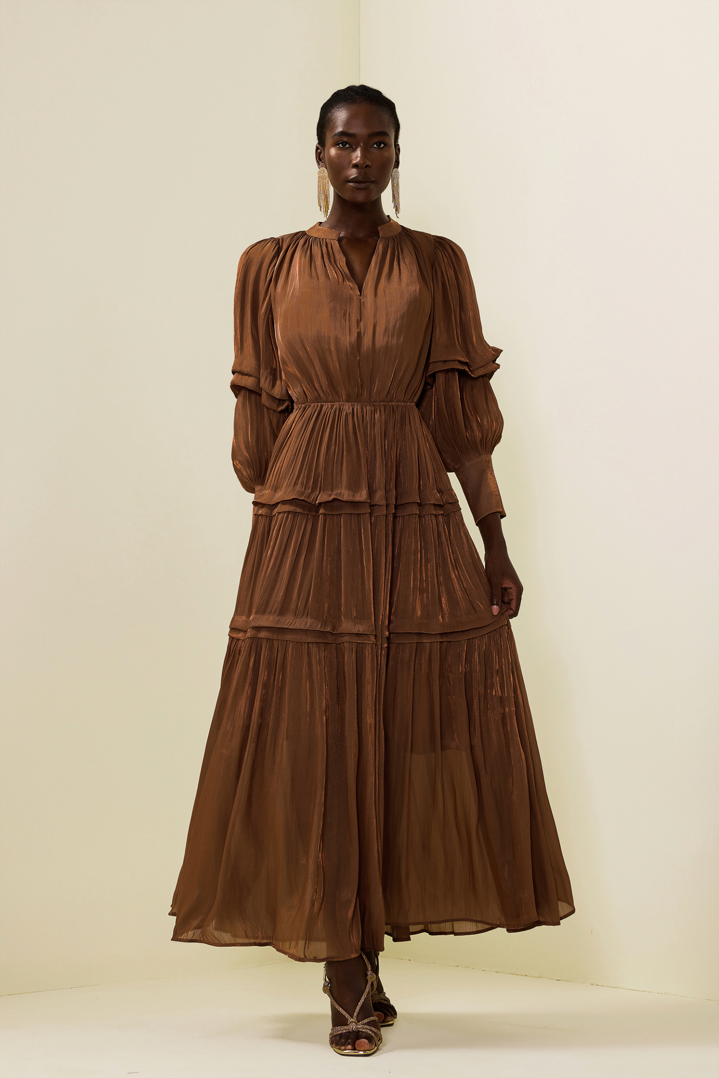 Pleat Lantern Sleeve V-Neck Midi Dress
