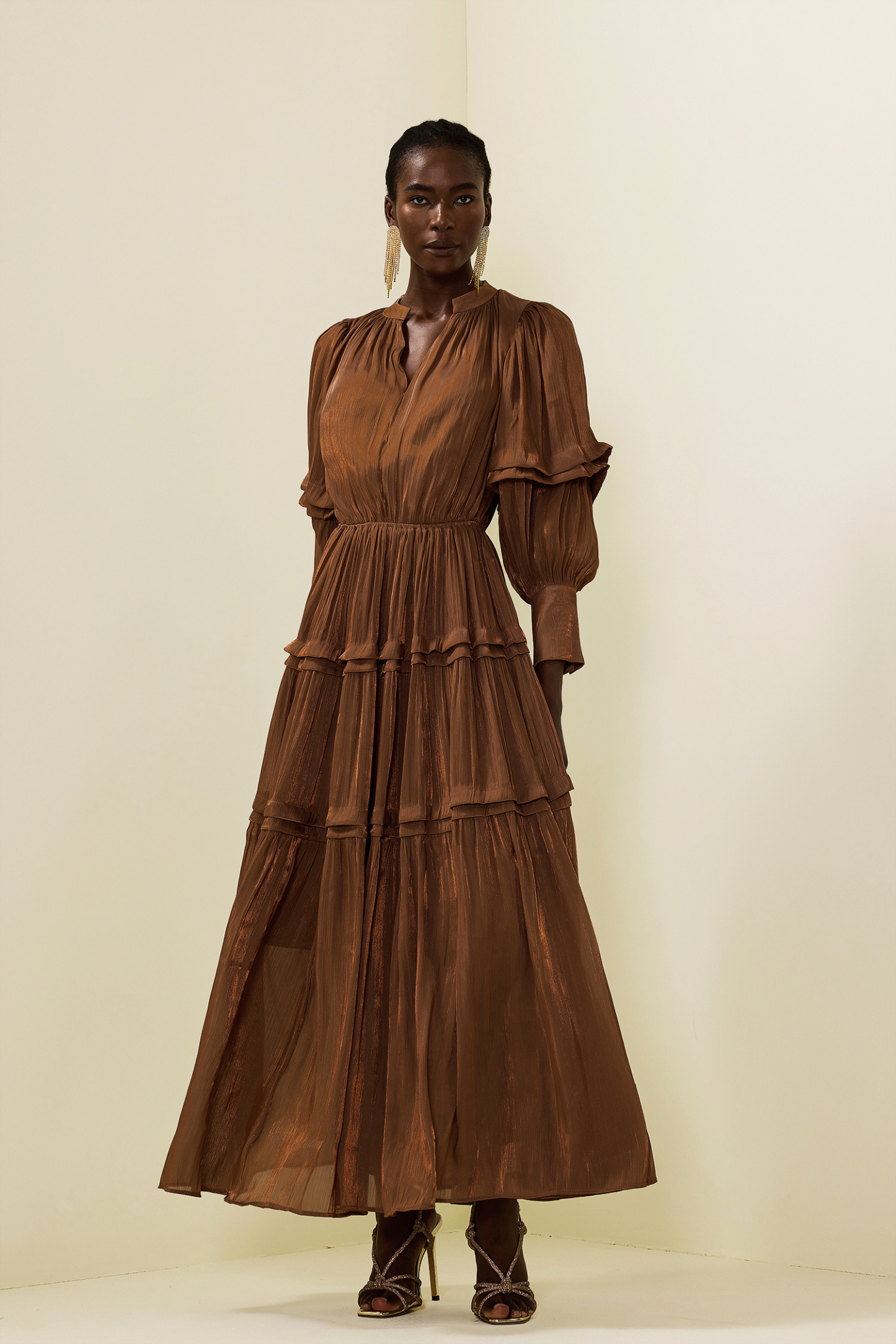 Pleat Lantern Sleeve V-Neck Midi Dress