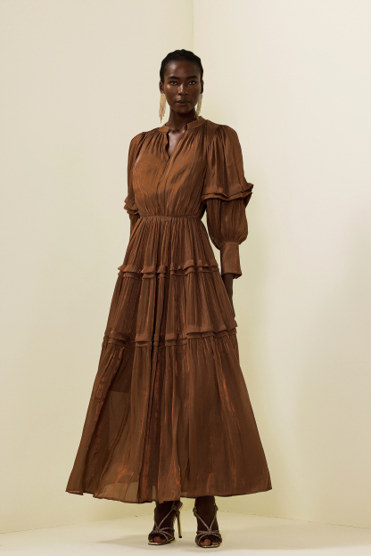 Pleat Lantern Sleeve V-Neck Midi Dress