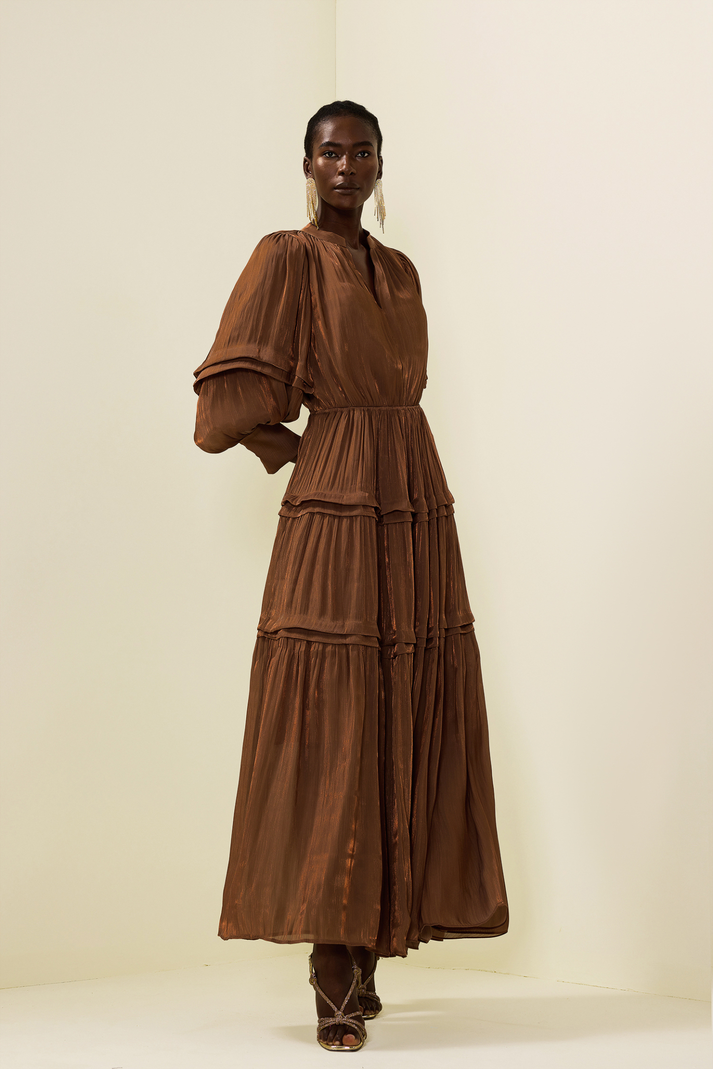 Pleat Lantern Sleeve V-Neck Midi Dress