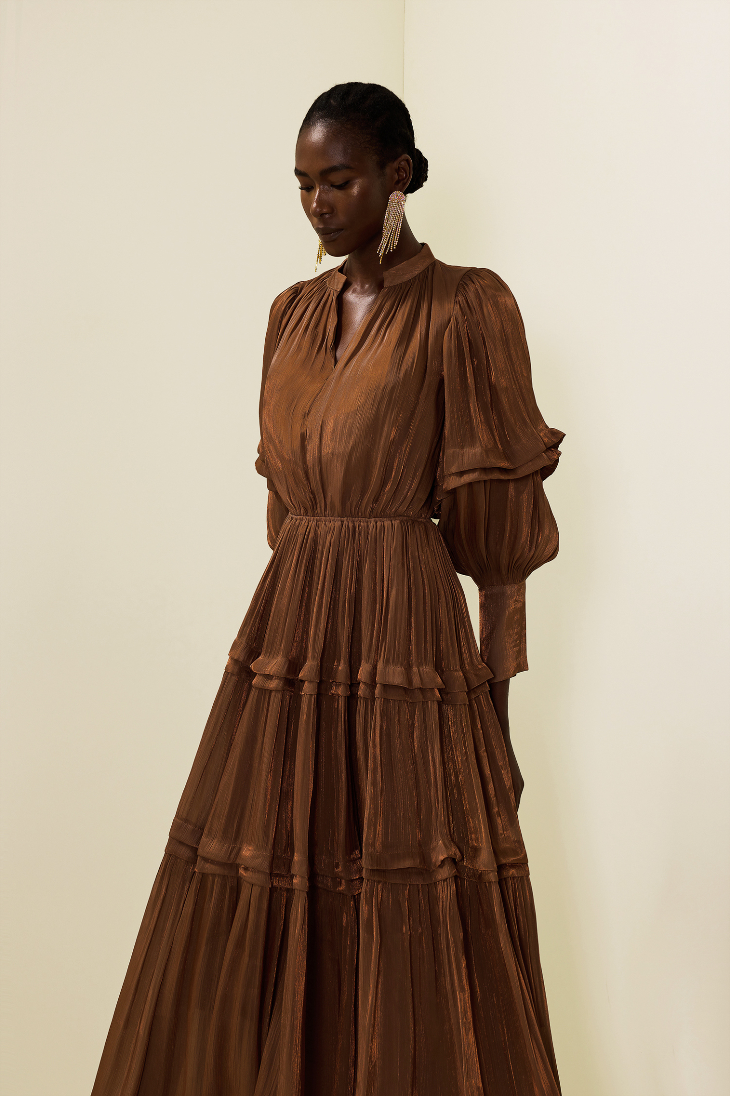 Pleat Lantern Sleeve V-Neck Midi Dress