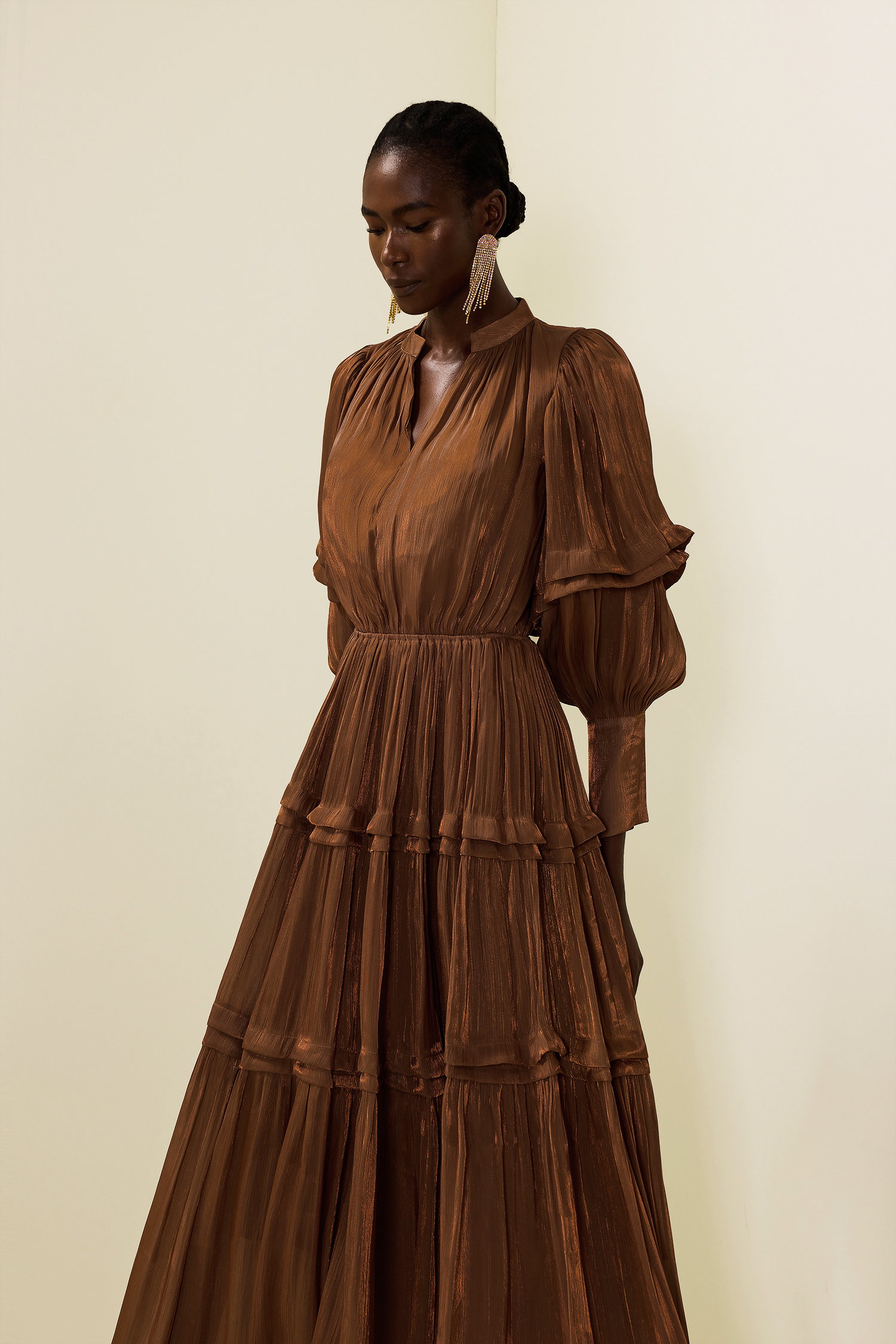 Pleat Lantern Sleeve V-Neck Midi Dress