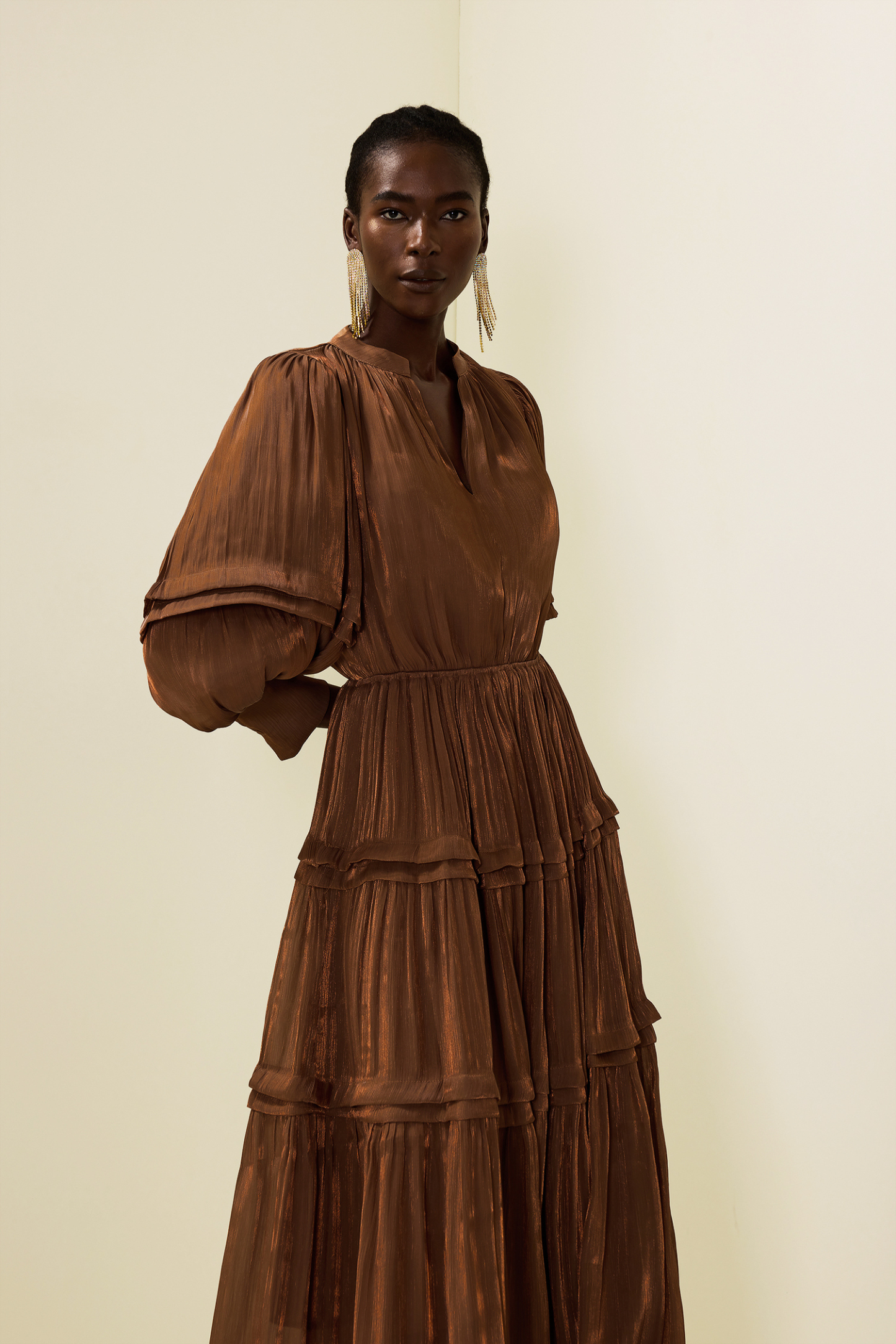 Pleat Lantern Sleeve V-Neck Midi Dress