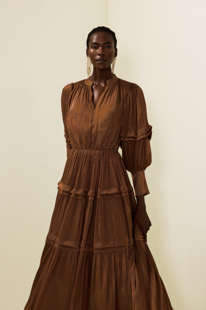 Pleat Lantern Sleeve V-Neck Midi Dress