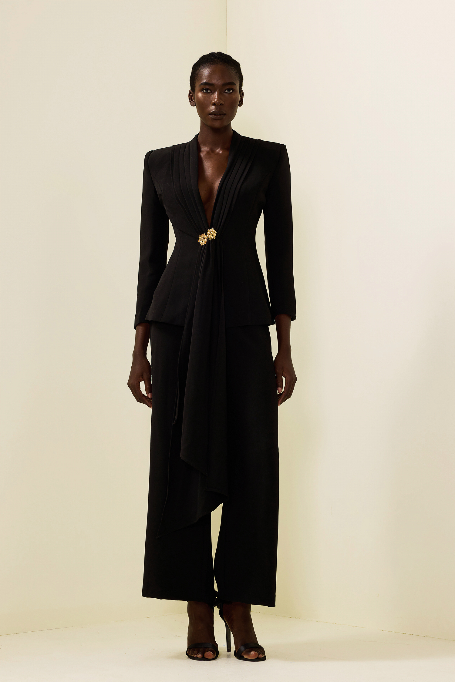 Solid Ruched Bottom Blazer &Mid Waist Solid Pants Set