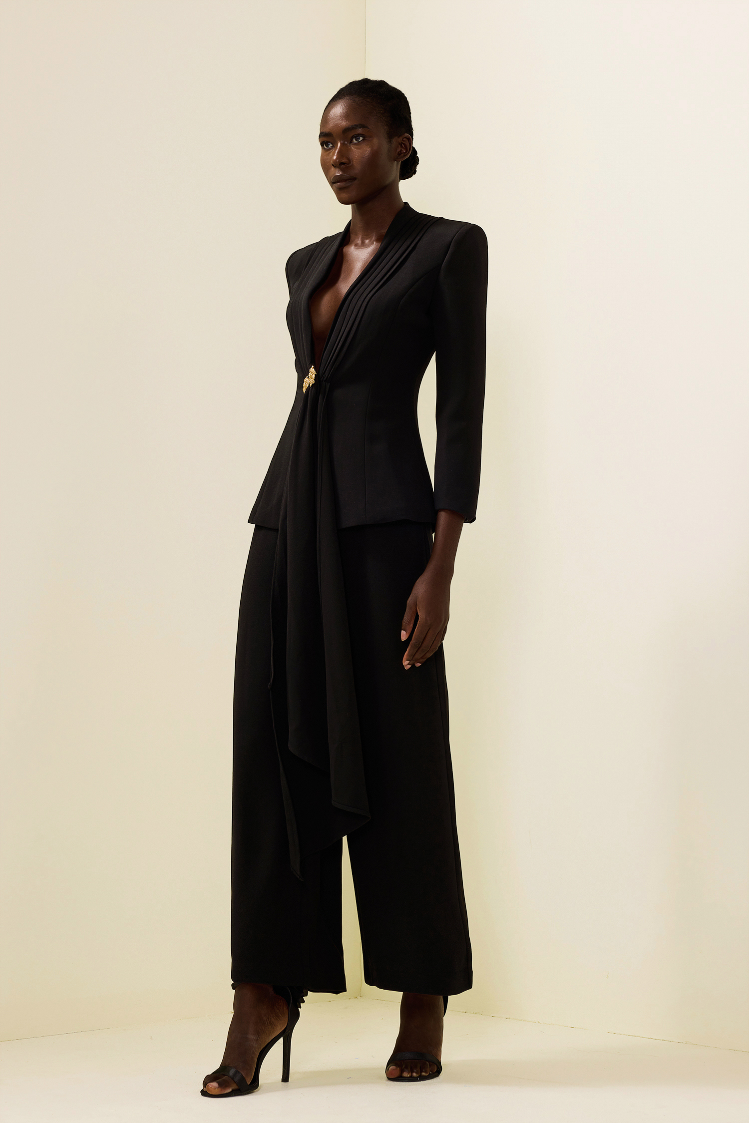 Solid Ruched Bottom Blazer &Mid Waist Solid Pants Set