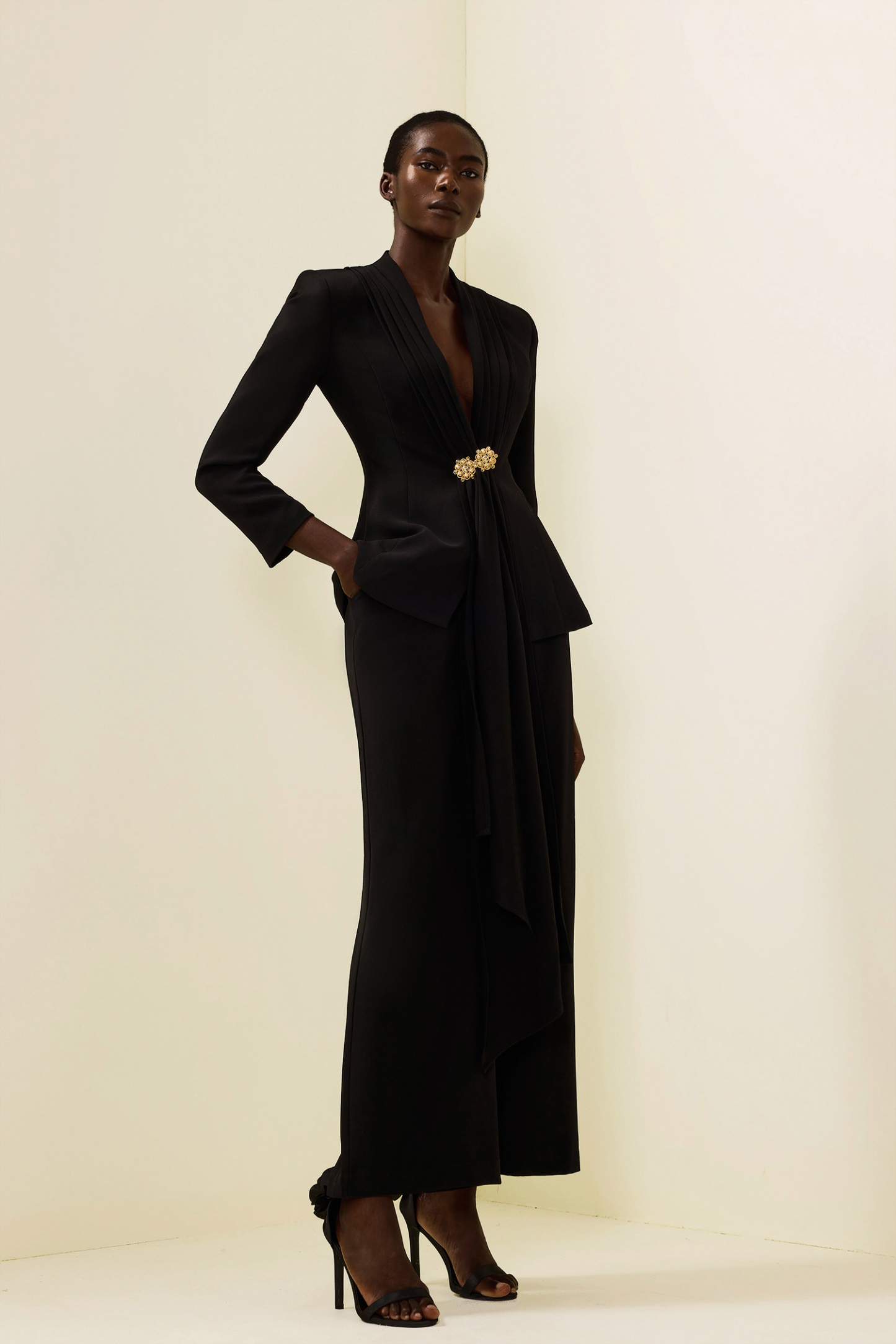 Solid Ruched Bottom Blazer &Mid Waist Solid Pants Set