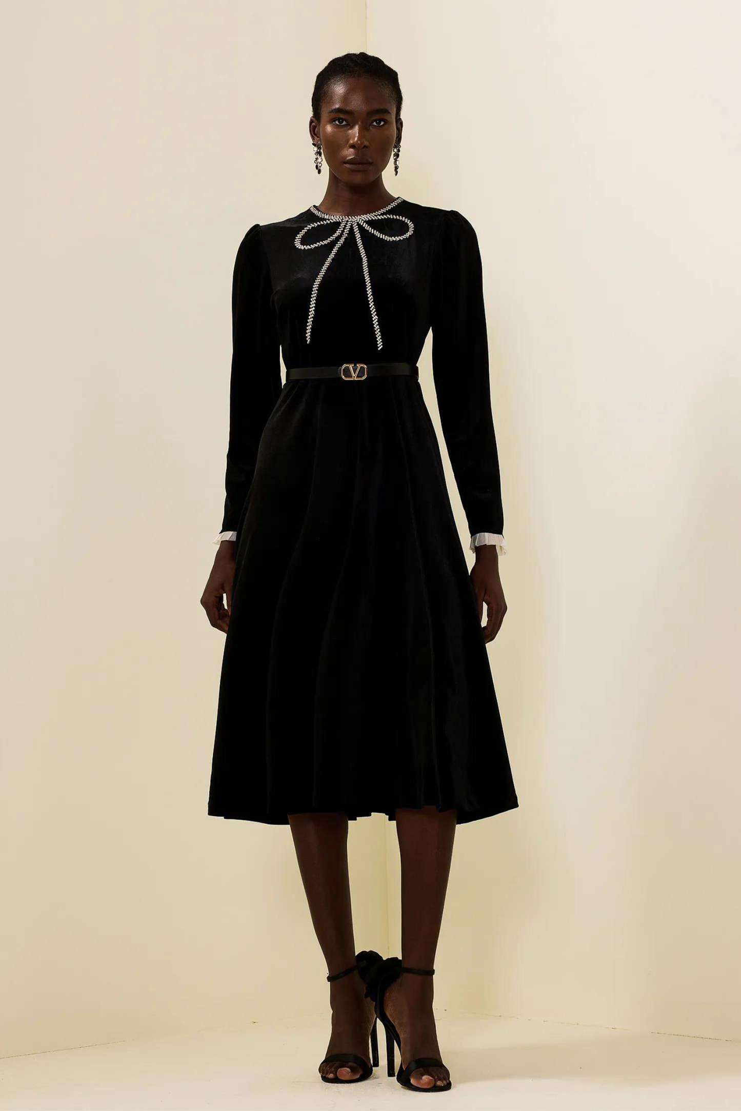 Velvet Rhinestone Bow Midi Dress