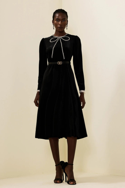 Velvet Rhinestone Bow Midi Dress