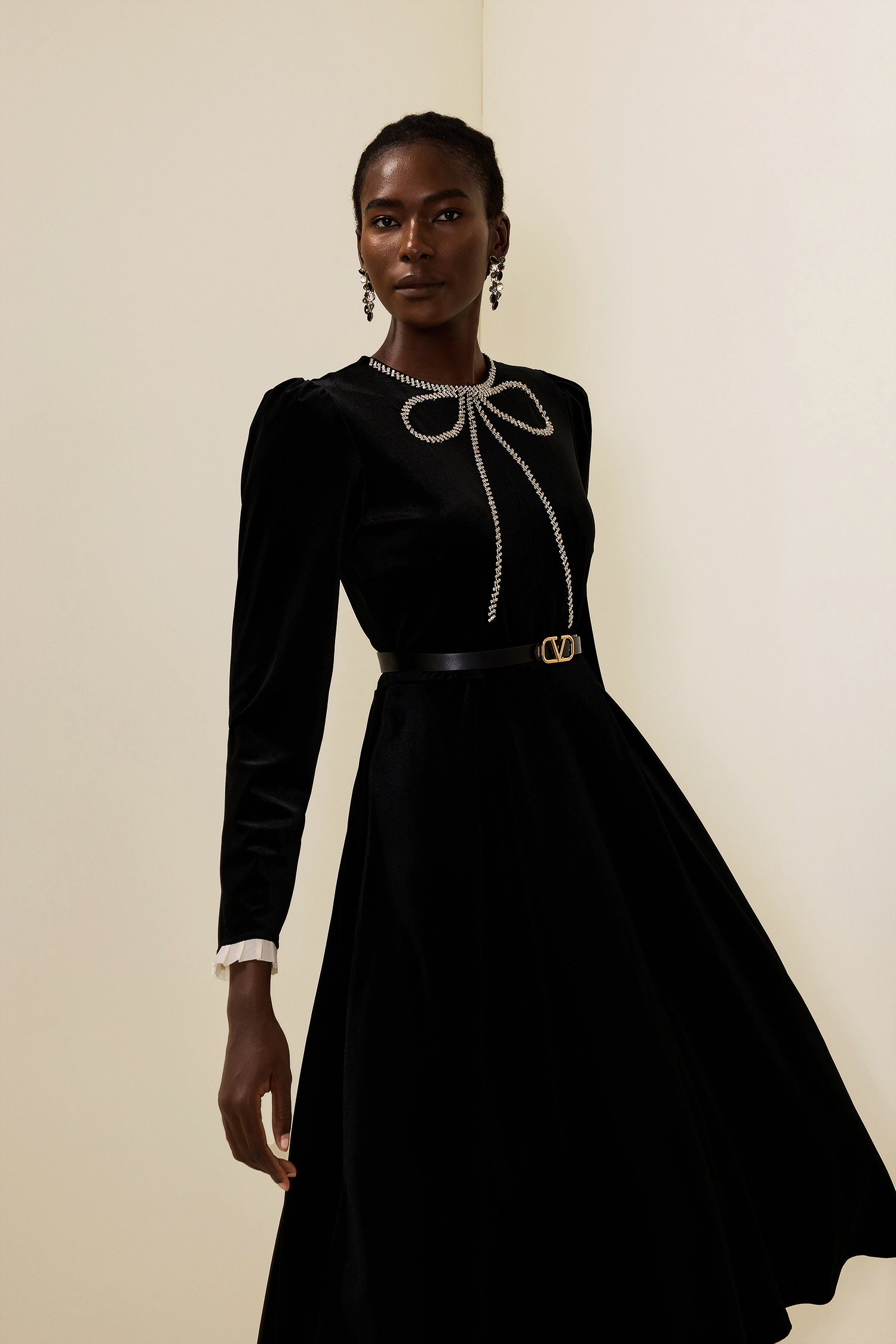 Velvet Rhinestone Bow Midi Dress