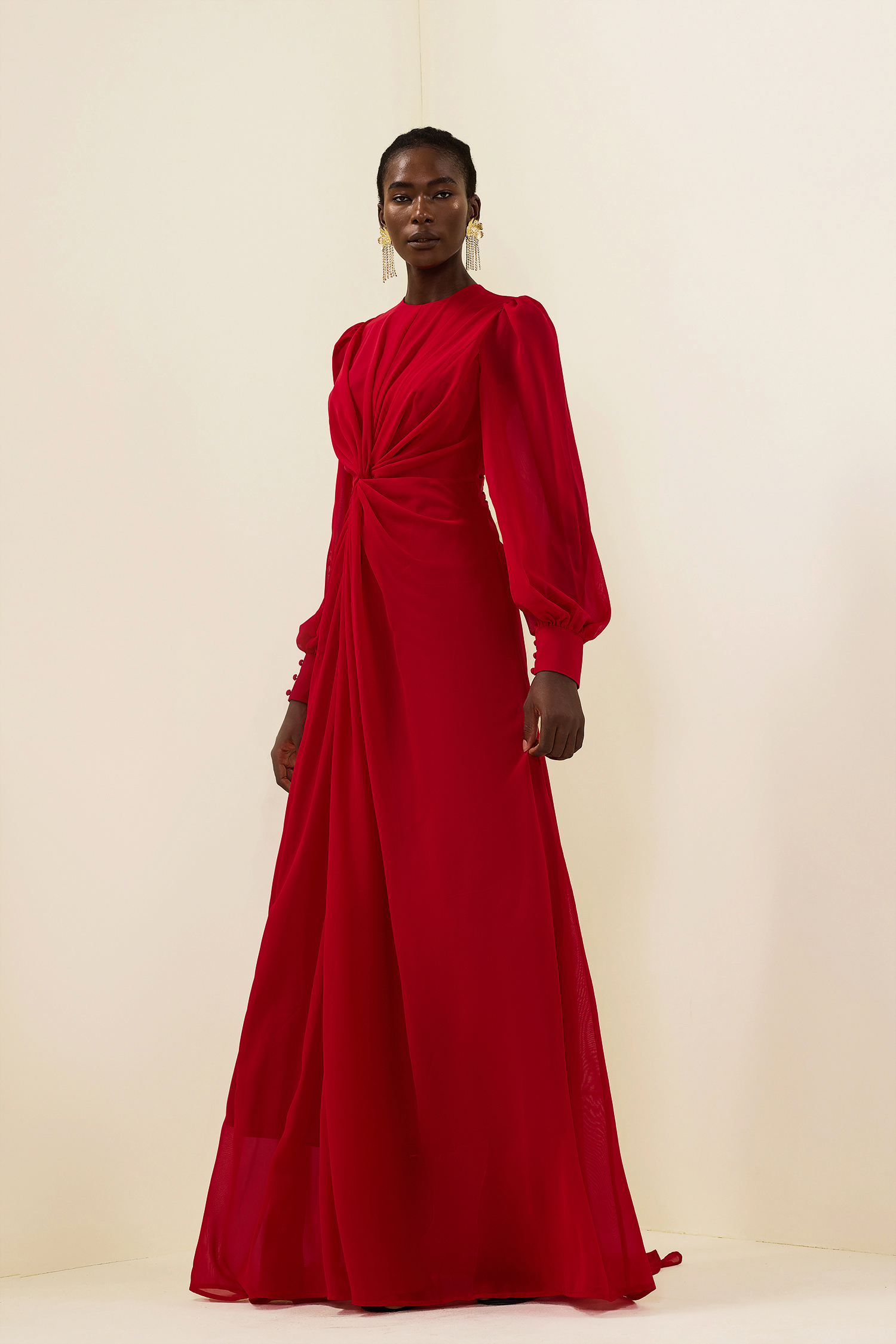 Solid Knotted Lantern Sleeve Maxi Dress