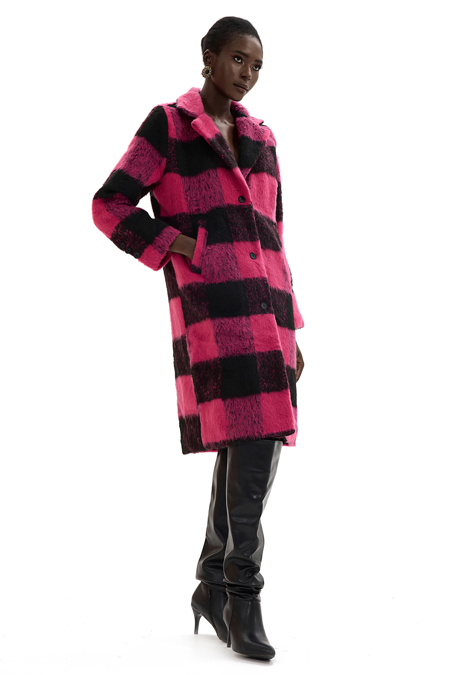 Faux Woolen Plaid Midi Coat