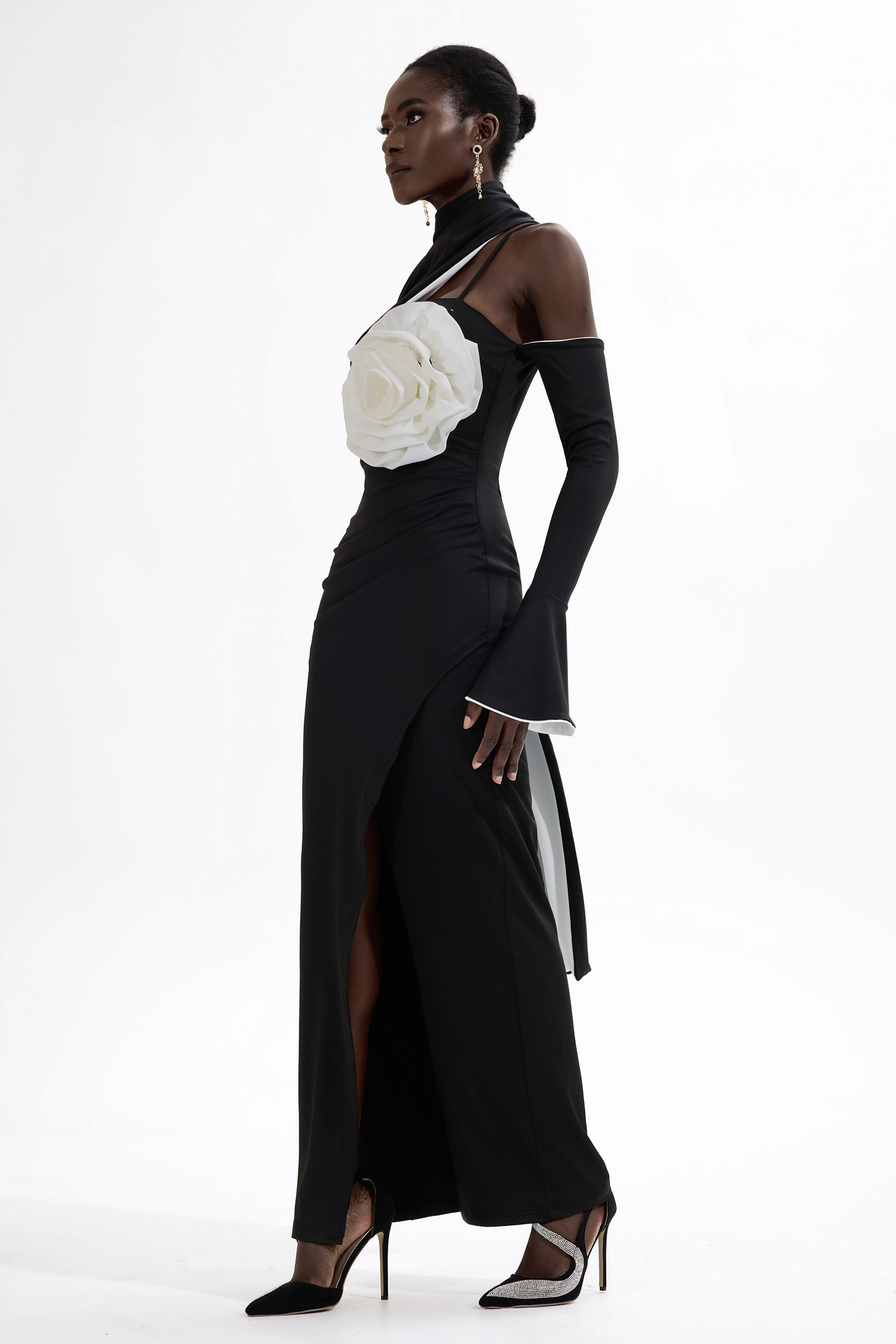 3D Flower Contrast Color Midi Dress With Cape