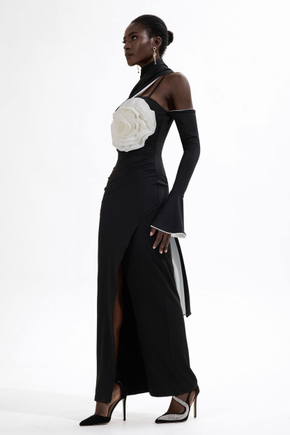 3D Flower Contrast Color Midi Dress With Cape