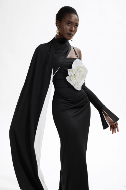 3D Flower Contrast Color Midi Dress With Cape