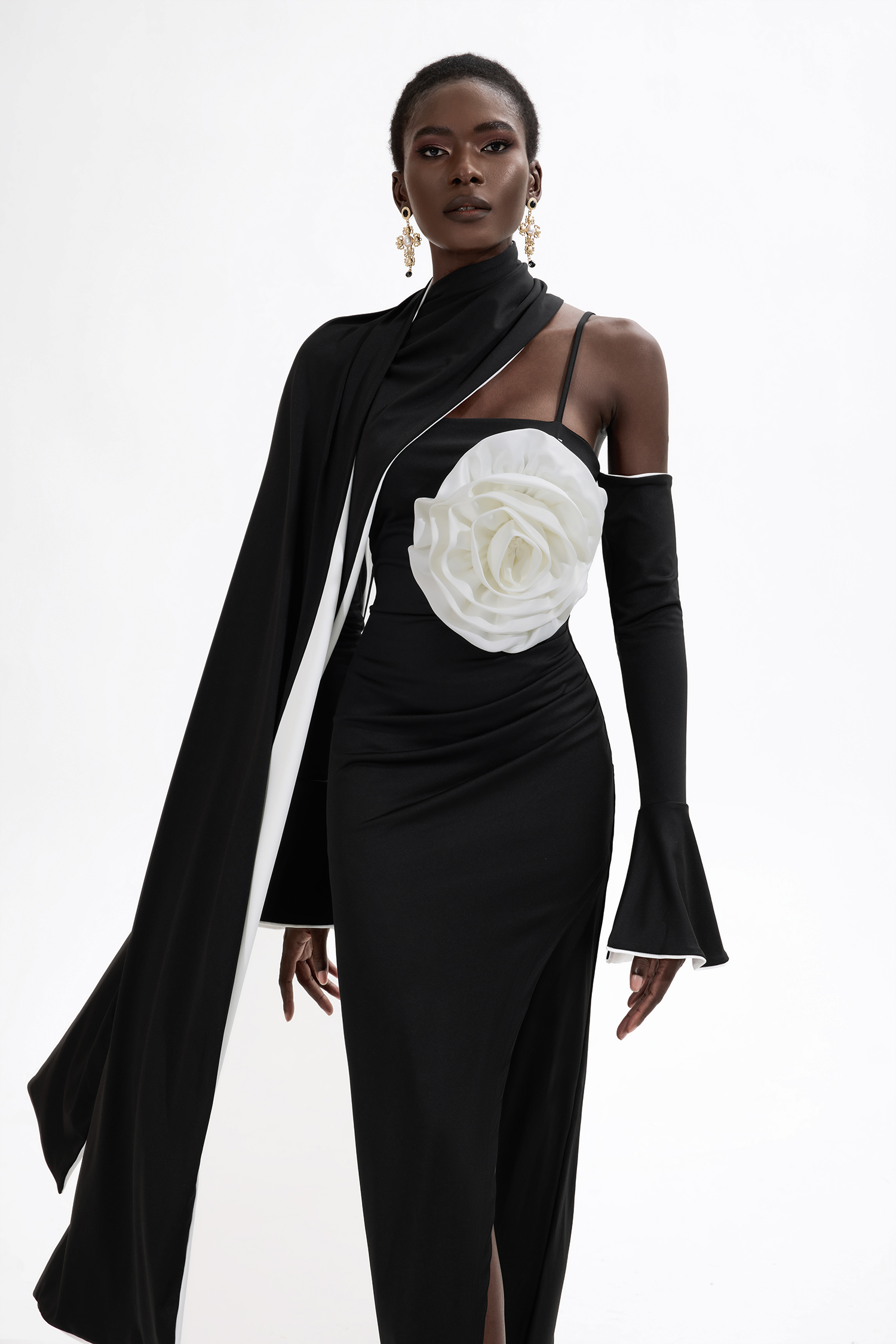 3D Flower Contrast Color Midi Dress With Cape
