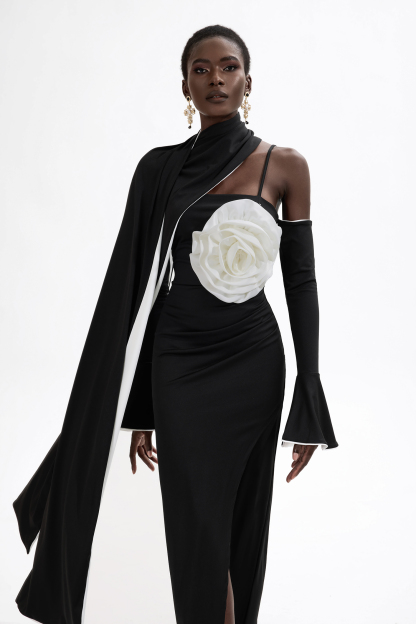 3D Flower Contrast Color Midi Dress With Cape
