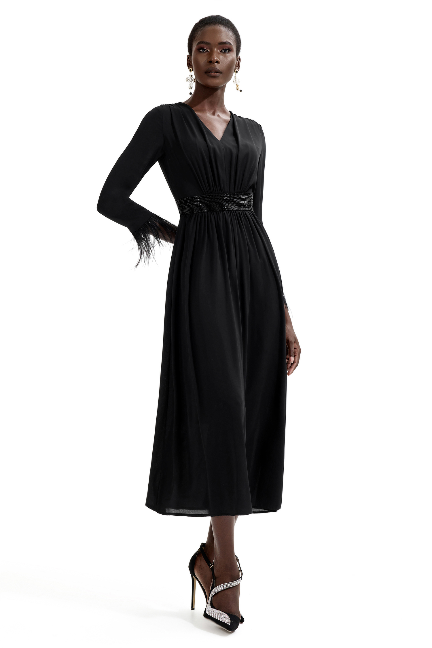Rhinestone V-Neck Long Sleeve Feather Midi Dress