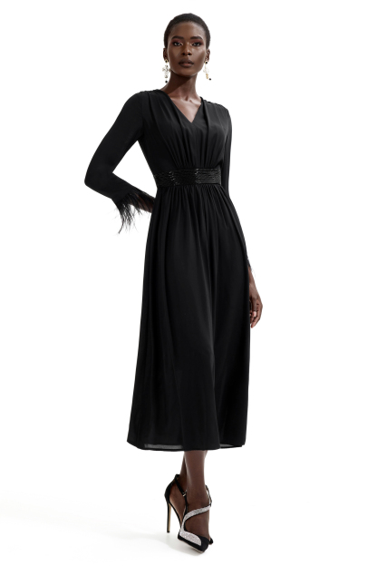 Rhinestone V-Neck Long Sleeve Feather Midi Dress
