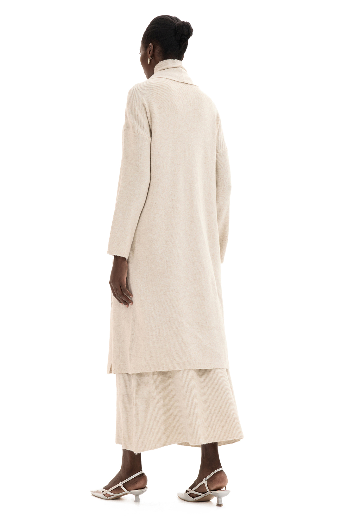 Solid Long Sleeve Cardigan & High Neck Sleeveless Top & Mid Rise Ruffle Hem Maxi Skirt Three-Piece Set