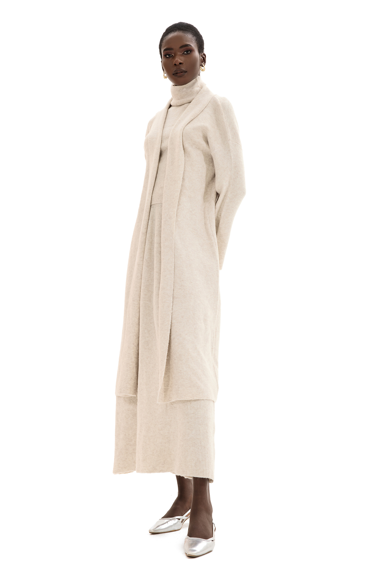 Solid Long Sleeve Cardigan & High Neck Sleeveless Top & Mid Rise Ruffle Hem Maxi Skirt Three-Piece Set