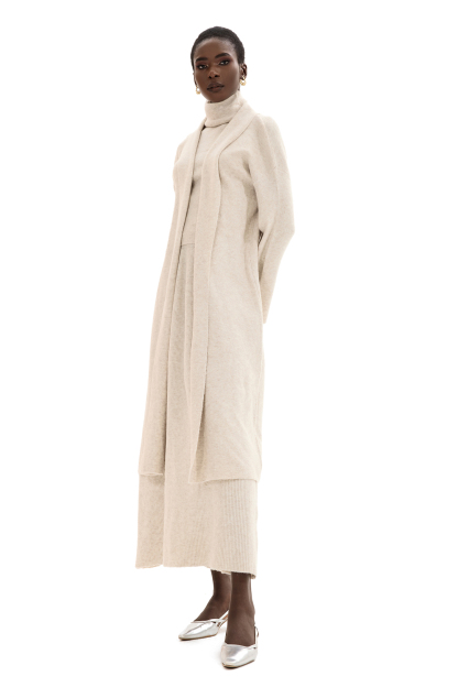 Solid Long Sleeve Cardigan & High Neck Sleeveless Top & Mid Rise Ruffle Hem Maxi Skirt Three-Piece Set