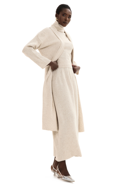Solid Long Sleeve Cardigan & High Neck Sleeveless Top & Mid Rise Ruffle Hem Maxi Skirt Three-Piece Set